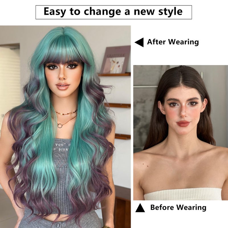 7JHH WIGS 31in Turquoise Long Wavy Bangs Purple Highlight Wigs Mixed Light Green Ombre Lavender Purple Heat Resistant Synthetic Fiber Women Wavy Curly Wigs for Christmas Daily Party Daily Used - Image 3